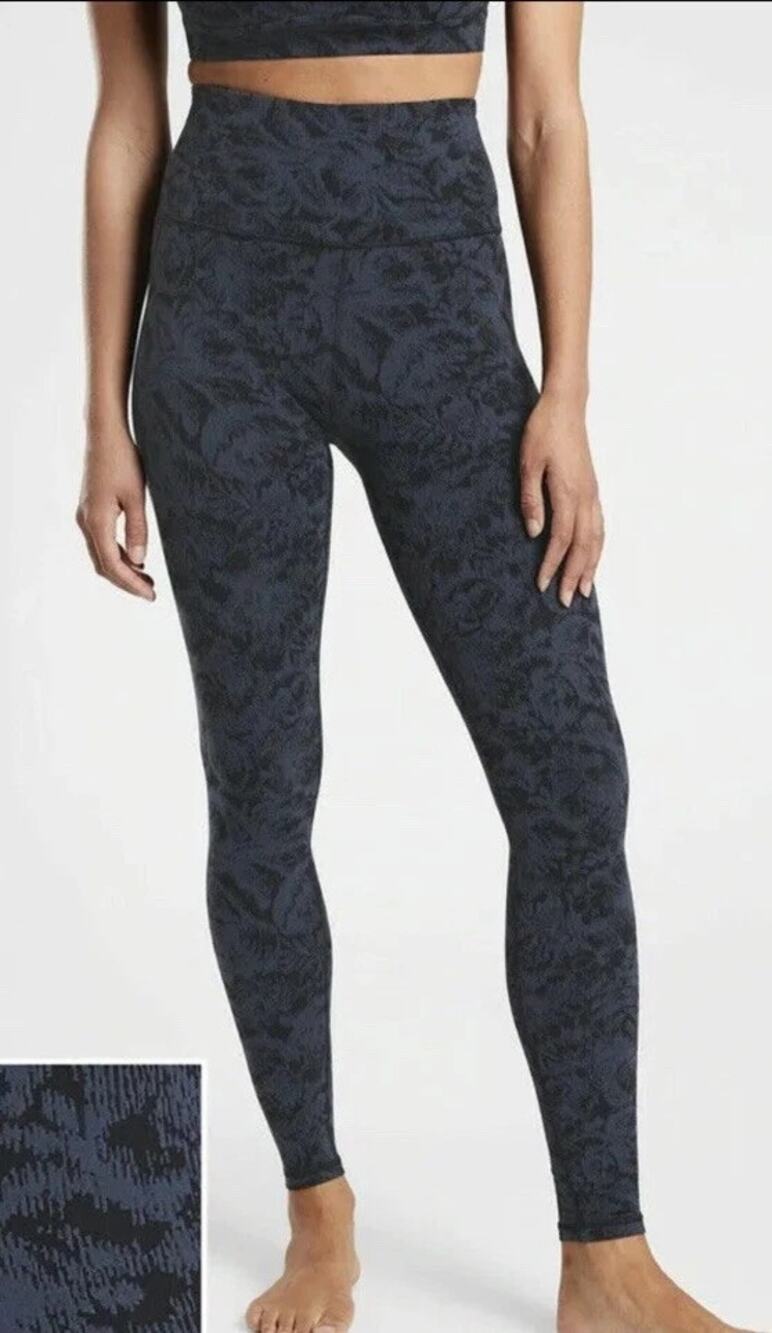Athleta Elation Textured Tight High Waist Leggings Frosted Floral Black Blue XST